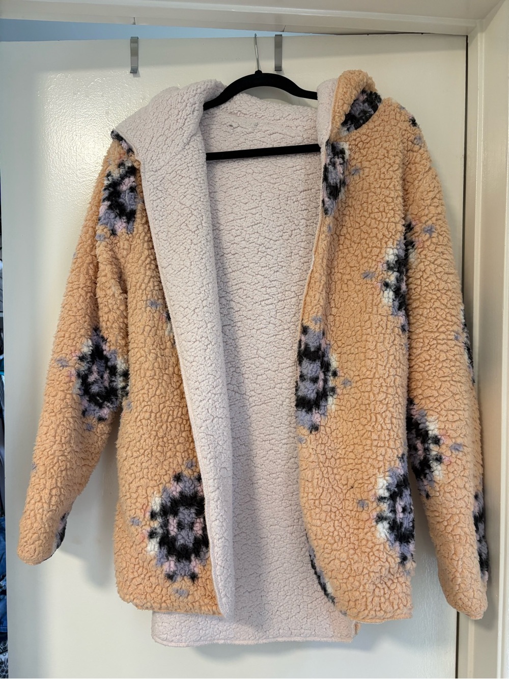 Urban Outfitters Beige Sherpa Jacket with Black & Light Purple Spots